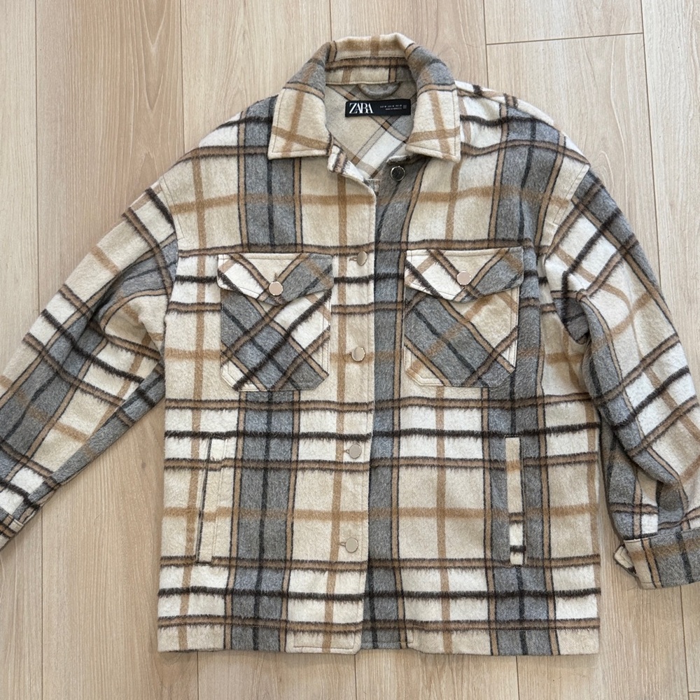 Zara Oversized Plaid Jacket - Beige and Gray